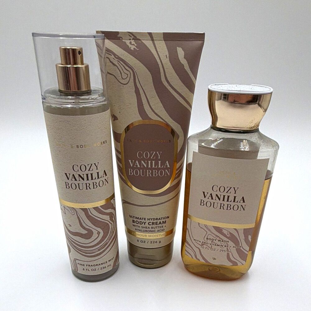 Bath & Body Works Cozy Vanilla Bourbon 3pc Set Mist, Wash & Cream 8 fl oz